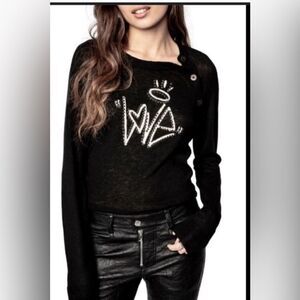 Zadig & Voltaire Women’s S Love Graphic Studded Sweater Black 100% Cashmere Goth
